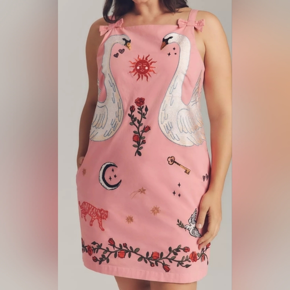 Anthropologie Embroidered Mini Cotton Dress.  Swans On The Front - Picture 5 of 13